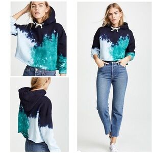 Re/Done Cropped Raw Hoodie Teal Green Tie Dye Sweatshirt Raw Hem